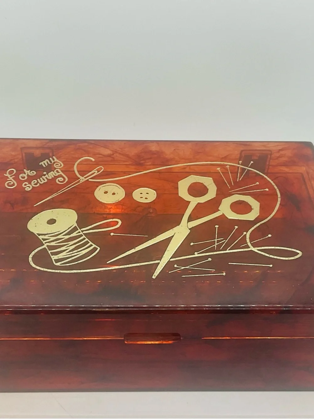 Vintage 1960s Lucite Amber ‘For My Sewing’ Box & Tray Gold Embossed Design.